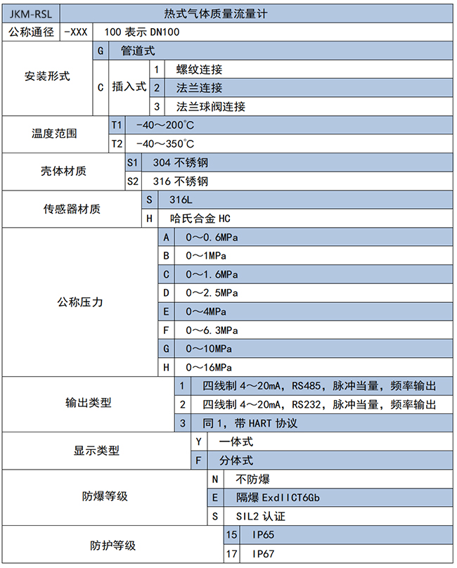 DN50熱式氣體質(zhì)量流量計選項表